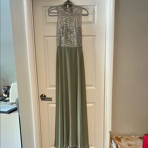 Dessy Collection Sparkling Silver and Sage Maxi Dress